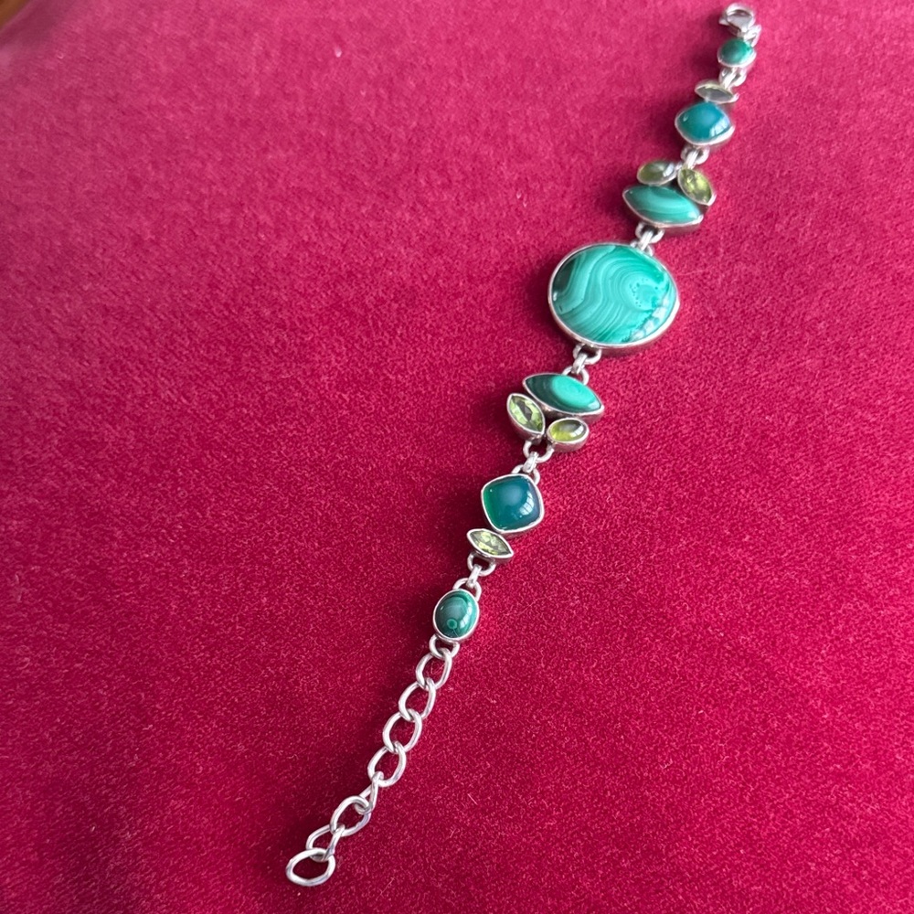 Sterling Silver Malachite and Gem Bracelet